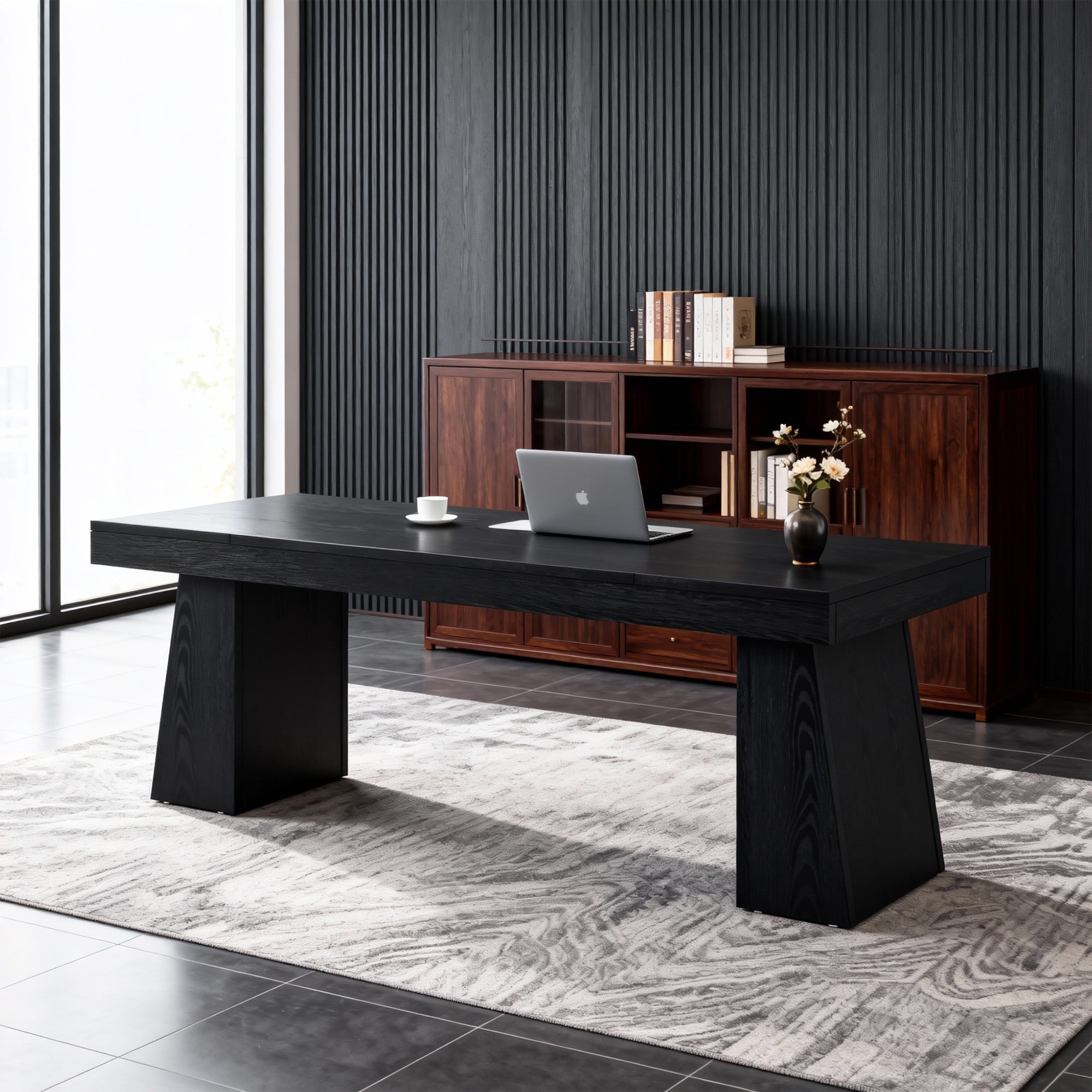 KIOOTTO 55" Executive Computer Desk, Modern Workstation with Trapezoid Base, Black