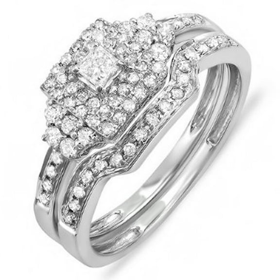 Dazzlingrock Collection 0.55 Carat (ctw) 14k Princess & Round Diamond Ladies Bridal Engagement Ring Set with Matching Band 1/2 CT, White Gold, Size 7