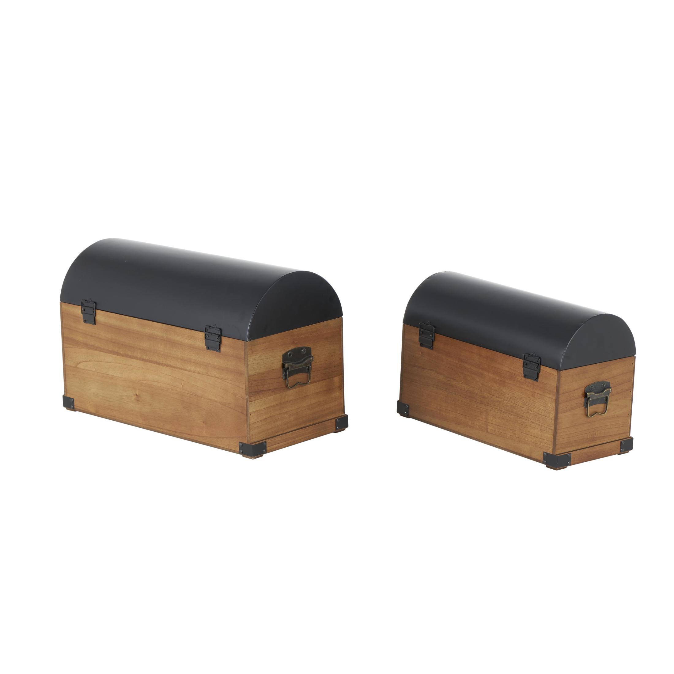 DecMode 24" x 15" Brown Wooden Studded Storage Trunk with Black Metal Arched Tops and Vertical Strips, 2-Pieces