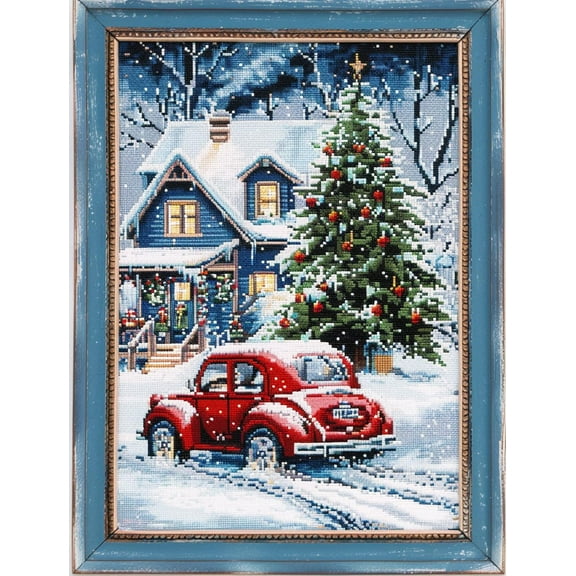 Christmas Car in Snow House DIY 11CT Stamped Cross Stitch Kits for Beginners Easy Needlepoint Embroidery Counted Cross Stitch Art Craft for Wall Decoration 12x16inch(2)