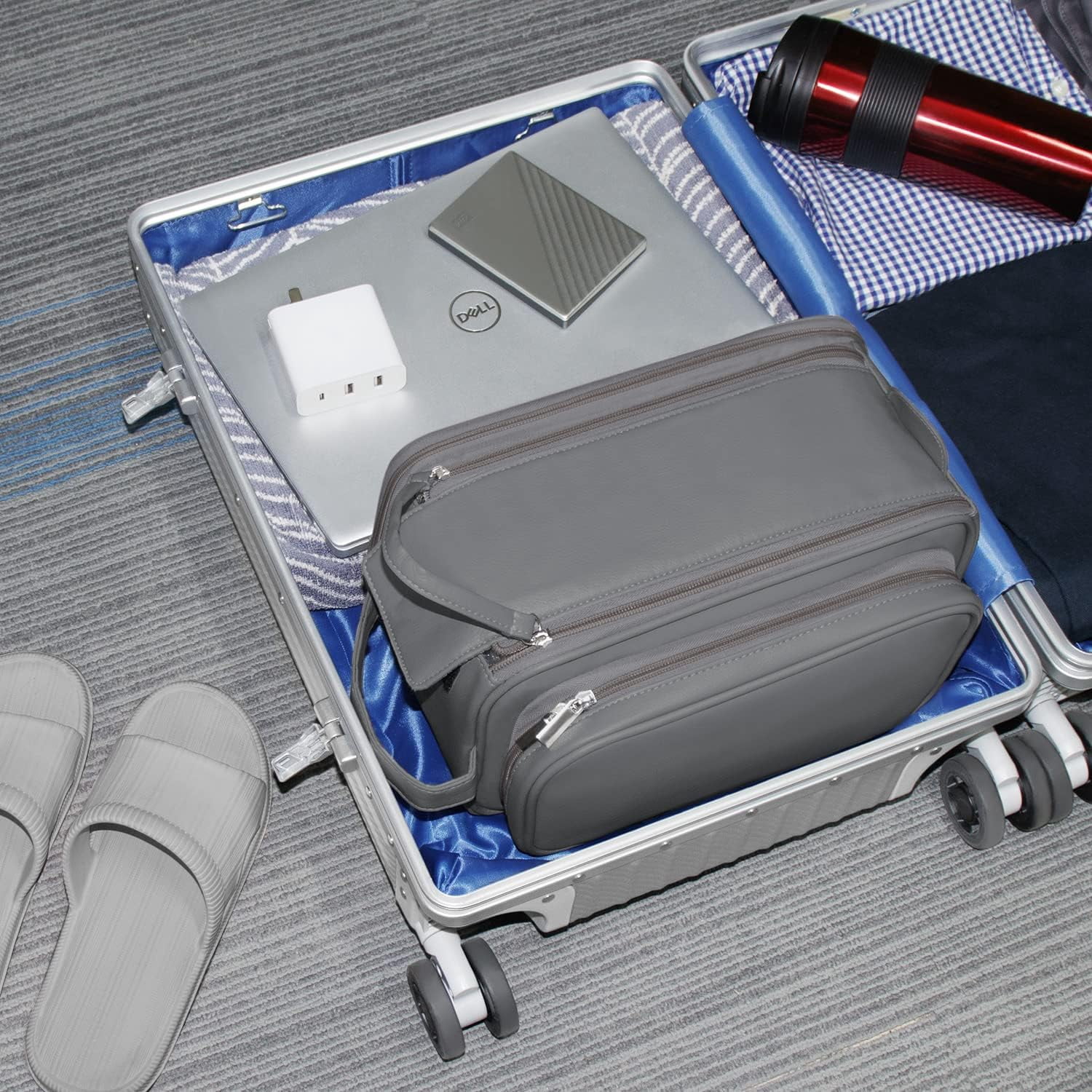 Large Capacity Toiletry Bag for Men, Leather Hanging Toiletry Organizer Cosmetics Makeup Bag, Gray