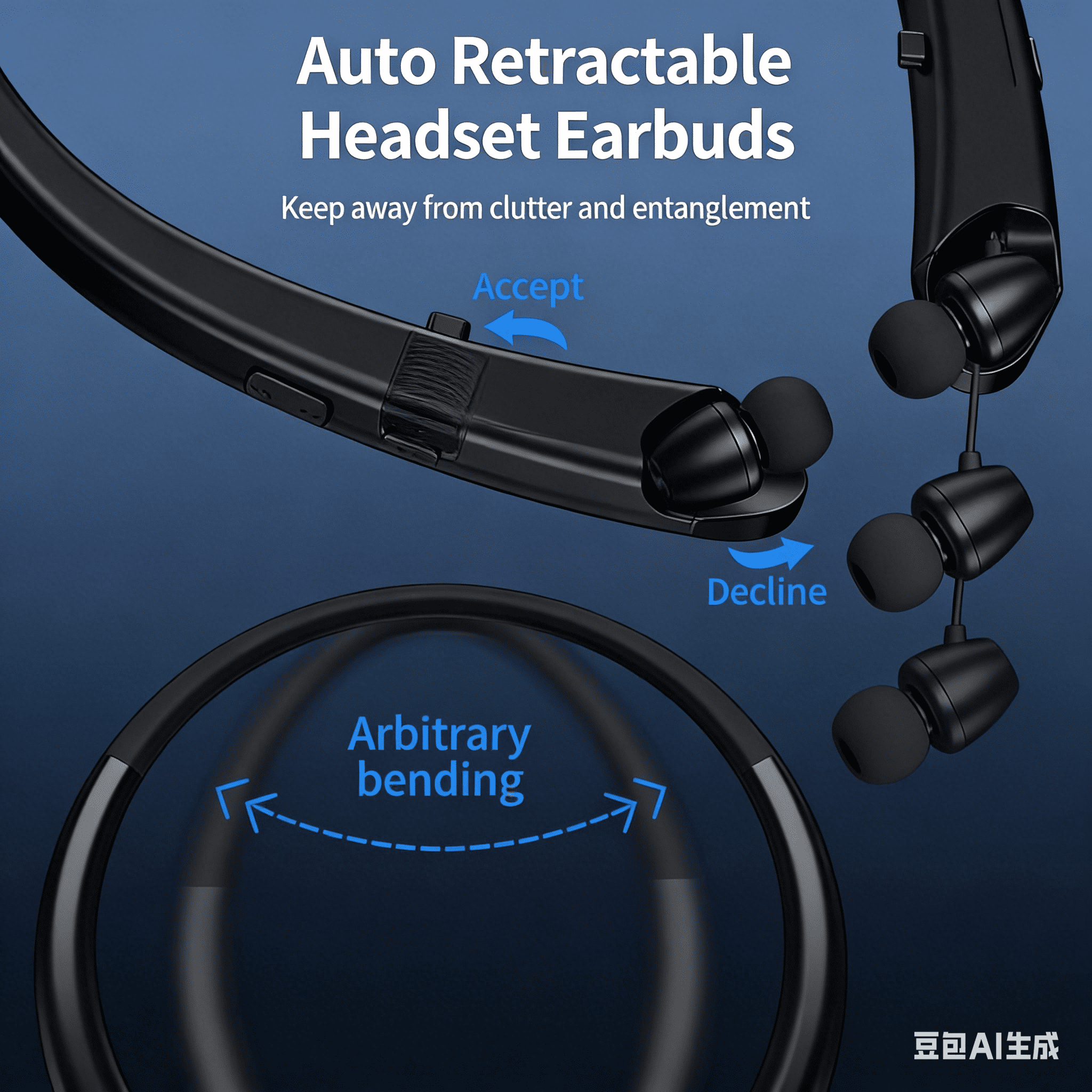 Bluetooth Headphones Neckband, Retractable Headset Wireless Sports Earbuds Noise Cancelling Stereo Earphones with Microphone, IPX5 Sweatproof, Compatible with iPhone Android Samsung PC (Black)
