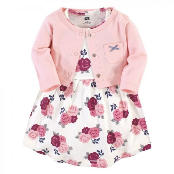 Hudson Baby Infant and Toddler Girl Cotton Dress and Cardigan 2pc Set, Blush Floral, 5 Toddler