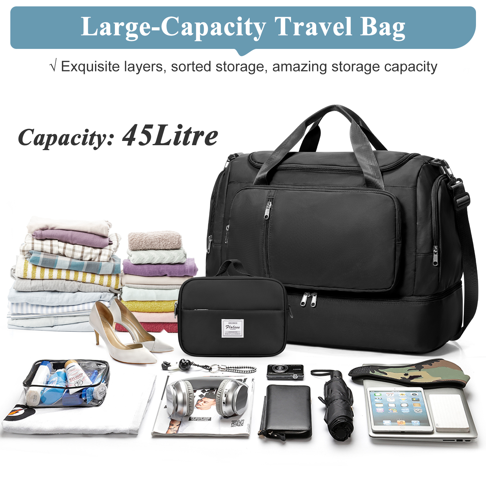 SYCNB Large Weekend Bag for Women, Best Weekender Travel Bag with Shoes Compartment & Toiletry Bag, Duffel Tote Bag for Gym Travel Hospital, Carry-On Overnight Bag, Black