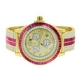 thumbnail image 3 of Pink Tourmaline Stainless Steel Iced Out Bezel 18K Gold Finish Simulated Diamond Adjustable Band Mens Watch W/Date, 3 of 7
