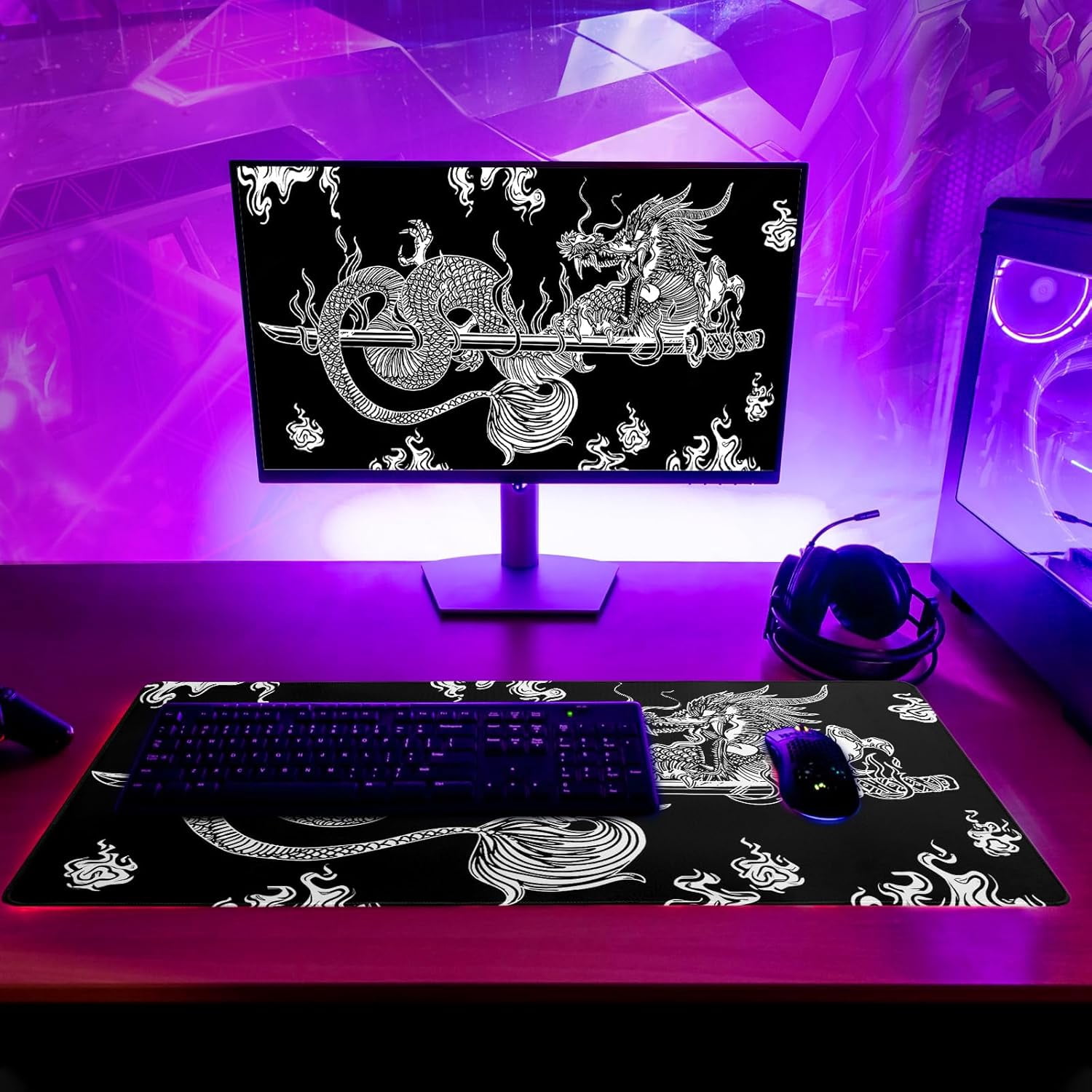 Dragon Gaming Mouse Pad Black Large Mouse Pad for Keyboard and Mousepad Desk Mat with 3mm Non-Slip Base and Stitched Edge for Gaming and Office Computer Mat Protector Mat 27.6x11.8 Inch