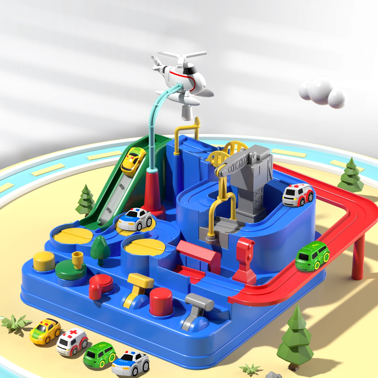 Lucky Doug Adventure Race Car Toys for 3-6 Years Old Boys, Car Rescue Adventure Toys with 4 Mini Car, Manually Operated Car Playset Educational Toys for Kids, Gifts for Boys Ages 3 4 5 6