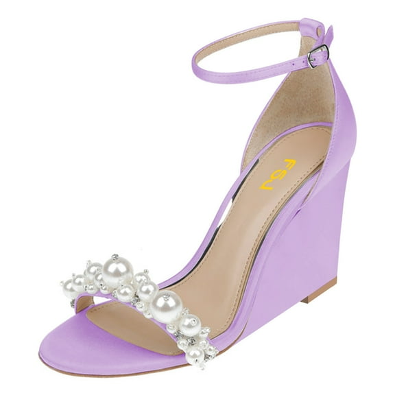 FSJ Women Bridal Round Open Toe Sandals Pearl Wedding Wedges Heel Buckle Ankle Strap Comfortable Evening Pump Shoes Size 8 Purple