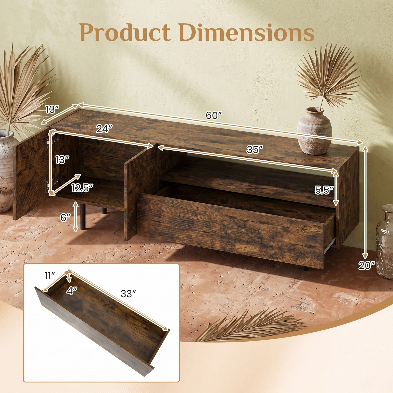 Furnibear 60 inch TV Stand for TVs up to 70 Inch with Storage Cabinet, Open Shelf and Raised Metal Legs, Rustic Farmhouse Entertainment Center Media, Rustic Brown