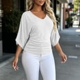 thumbnail image 4 of TEAJOPSUU Womens Summer 3/4 Sleeve Tops Casual Drop Shoulder V Neck Loose Shirts Daily Baggy Solid Polycotton Blouses White, 4 of 5