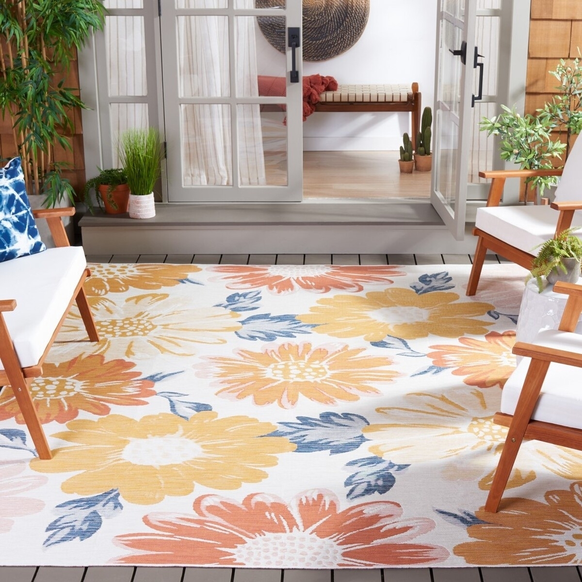 SAFAVIEH Sunrise Aria Floral Reversible Indoor/Outdoor Runner Rug, Ivory/Rust Gold, 2' x 8'