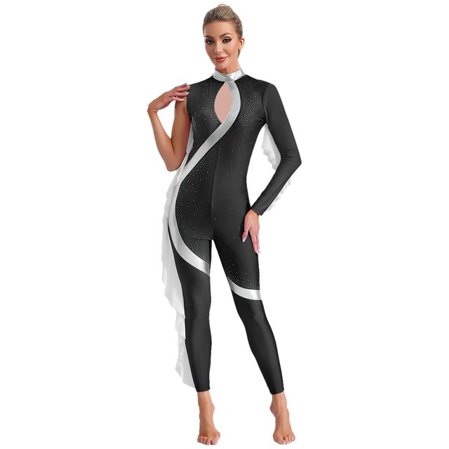 Kaerm Women Acrobatic Gymnastics Performance Jumpsuit Metallic Shiny Rhinestones Full Body Leotard Black L