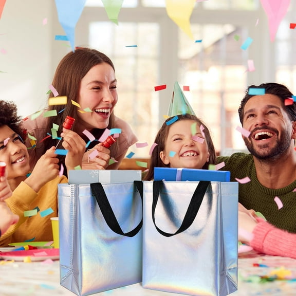 100Pcs Iridescent Reusable Gift Bags with Handles - Shiny Holographic Party Favor Bags for Birthday, Wedding, Christmas