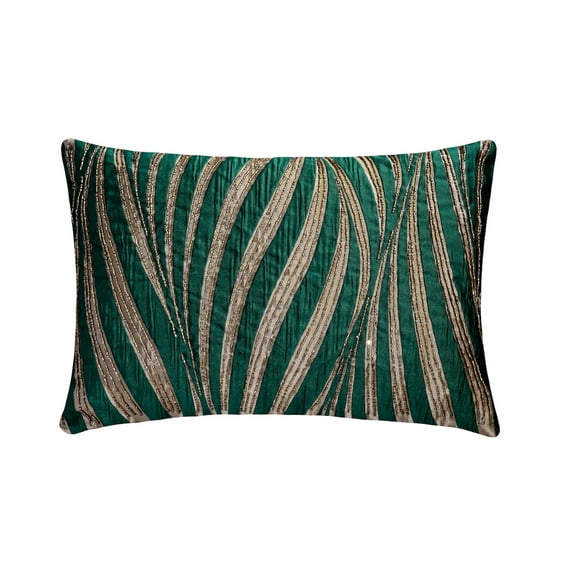 Decorative Teal 12"x16" (30x40 cm) Lumbar Pillow Cover, Jacquard Beaded Oblong Pillow, Abstract Pattern Modern Style - Teal N Gold Waves