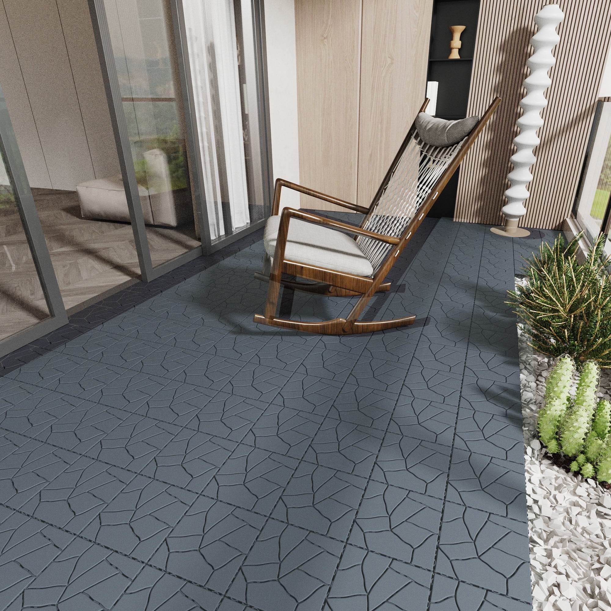 Miniyam 44 Pcs InterlockingDeck Tiles, 12"x 12"Polypropylene, for OutdoorBalcony Garden Gray，Stone Texture