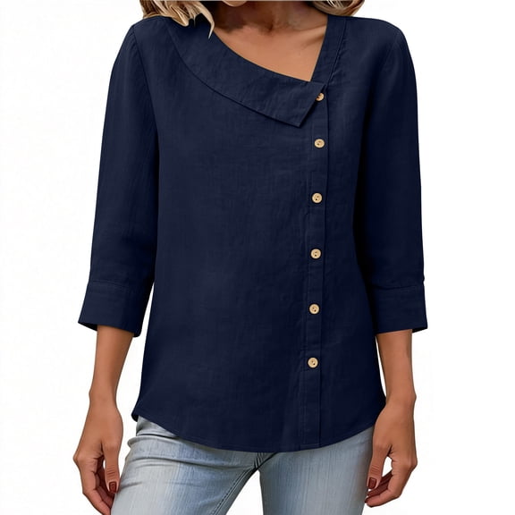 Ecqkame Womens 3/4 Length Sleeve Linen Shirts Summer Solid Color Casual Button Blouse Dressy Tunic Daily Tops Navy S
