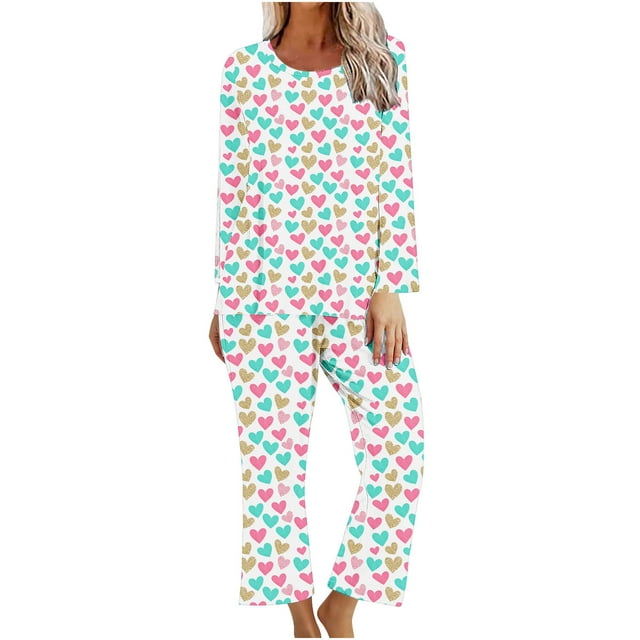 TIMIFIS Pyjamas de la Saint-Valentin pour Femmes Ensembles de Pyjamas pour Dames Décontractés Manches Longues Mignon Imprimé Cœur Col Rond Hauts Décontractés avec Pantalons Ensembles de Pjs