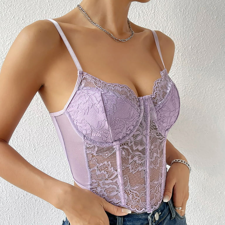 RQYYD Reduced Women's Lace Trim Corset Spaghetti Strap Asymmetrical Hem  Shapewear Cami Tank Top Going Out Party Corset Bustier Tops Purple M
