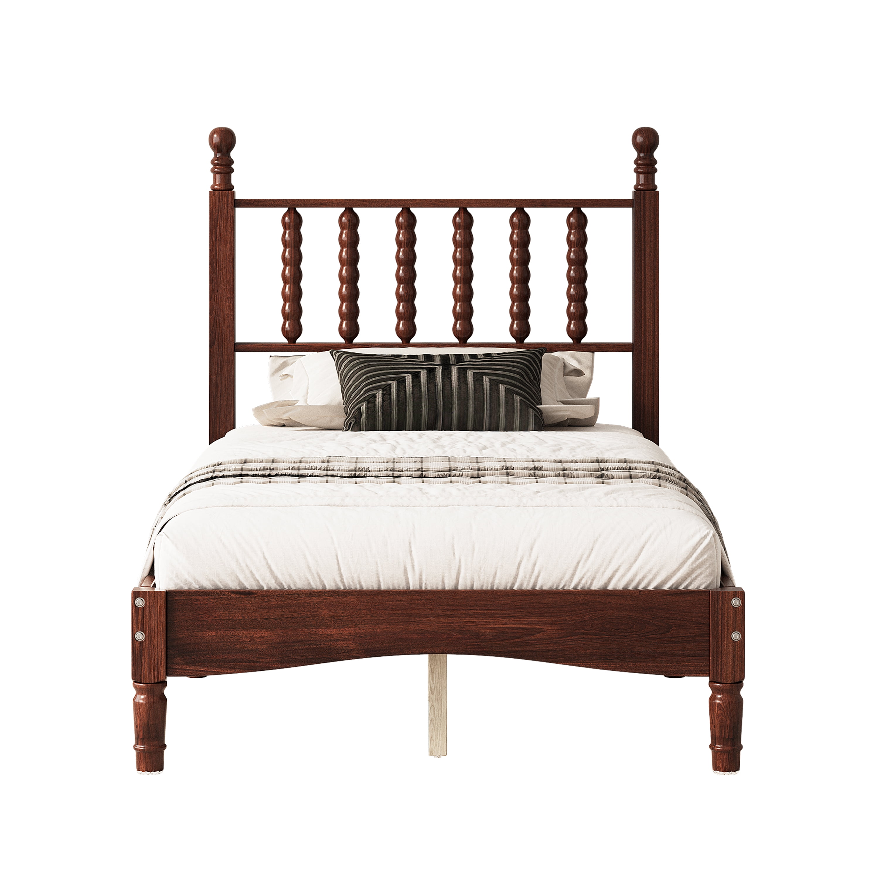 Euroco Wood Twin Size Platform Bed, Retro Style Bed Frame with Gourd Shaped Headboard, Walnut