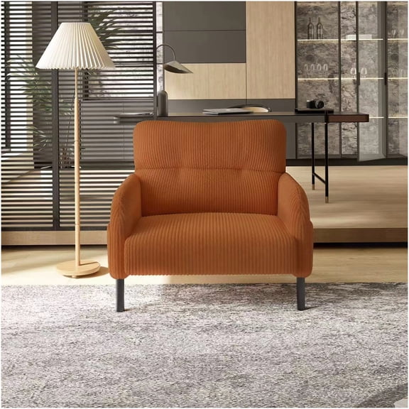 Orange Corduroy Single Chair, Comfortable Wide Seat Accent Chair with Side Pockets for Living Room, Bedroom