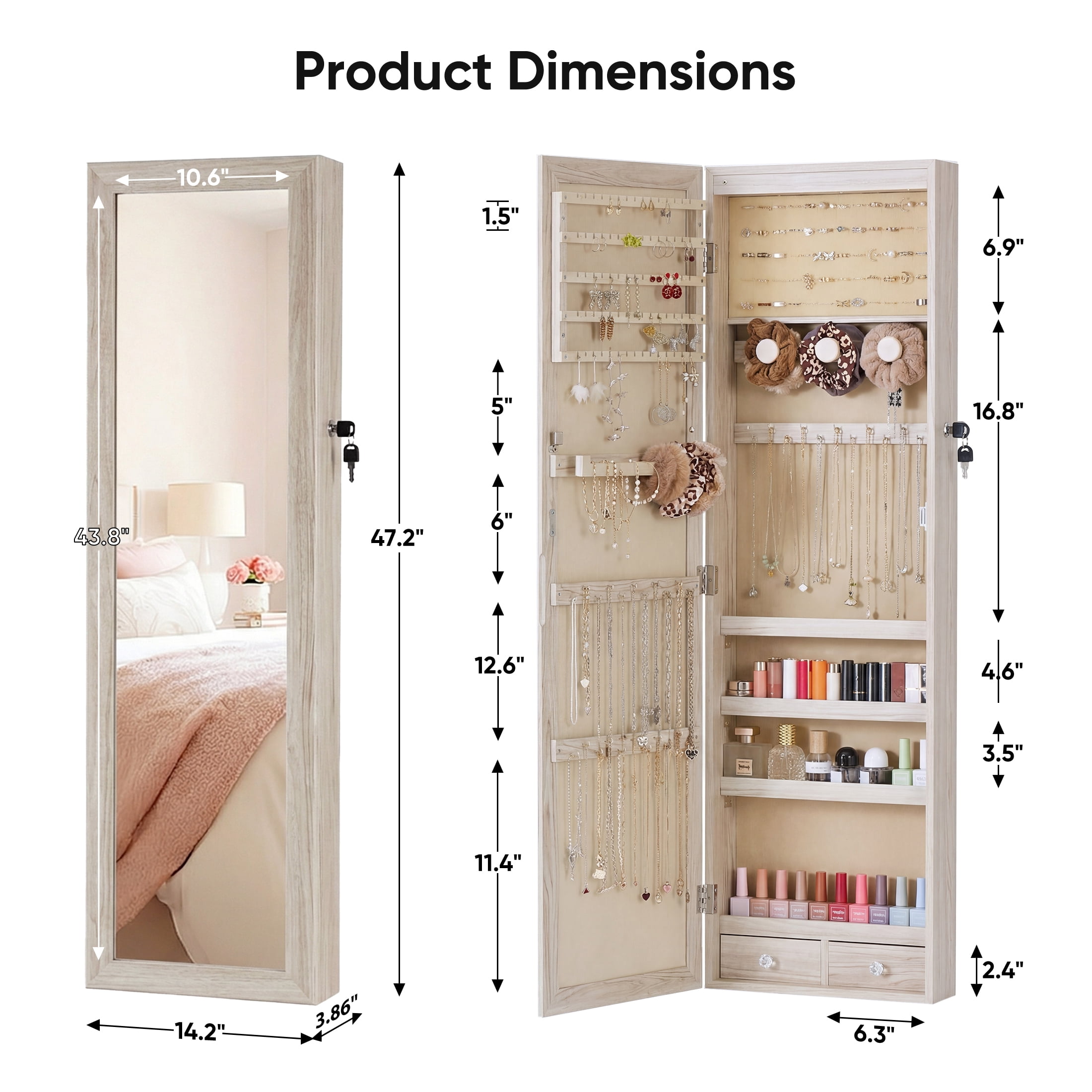 edx Full-Length Mirror Jewelry Cabinet with 6 LED Lights, Wall Door Mounted Large Jewelry Armoire Organizer with Makeup Storage, Beige