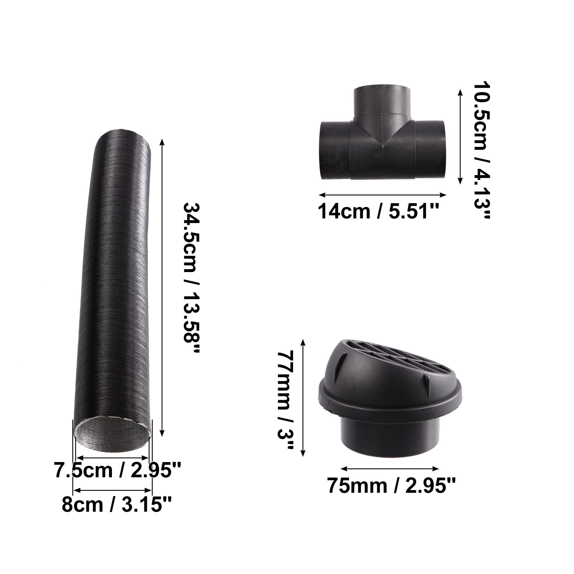Unique Bargains 1 Set 75mm Auto Heater Duct Kit with Outlet Connector Air Vent Outlet Hose Clips Black Suit T Shape Pipe