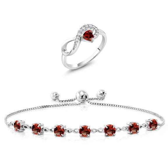 Gem Stone King 4.00 Cttw Red Garnet Ring and Bracelet Jewelry Set for Women | 925 Sterling Silver | Gemstone January Birthstone | Heart Shape 4MM | Round 4.5MM | Size 5, 6, 7, 8, 9 | Size 7
