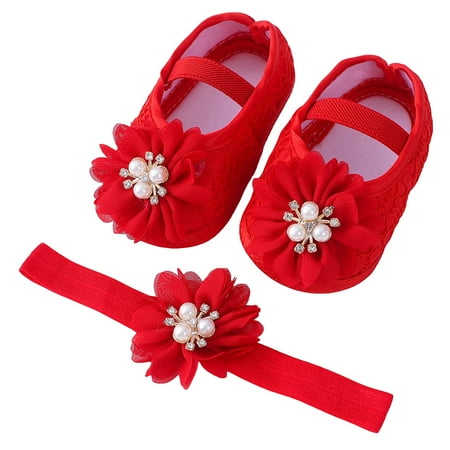 Michellecmm Baby Girls Flats and Headband Soft Sole Non-slip Pearl Flower Princess Wedding Dress Walking Shoes for Newborn