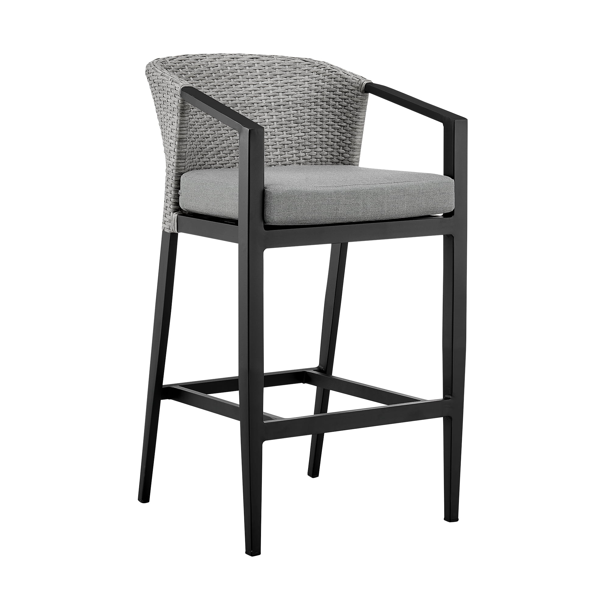 Palma Outdoor Patio Counter Height Bar Stool in Aluminum and Wicker with Gray Cushions - Set of 2