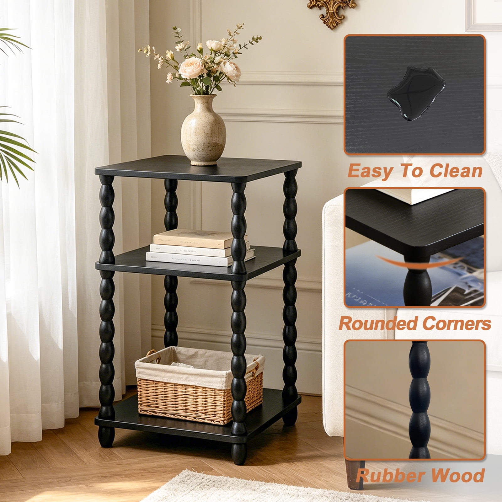 Wooden Side Table, Small End Table with Storage Shelf,  Bedside Coffee Table Night Stand for Living Room, Bedroom, Office and Small Spaces oak Black Rustic Brown