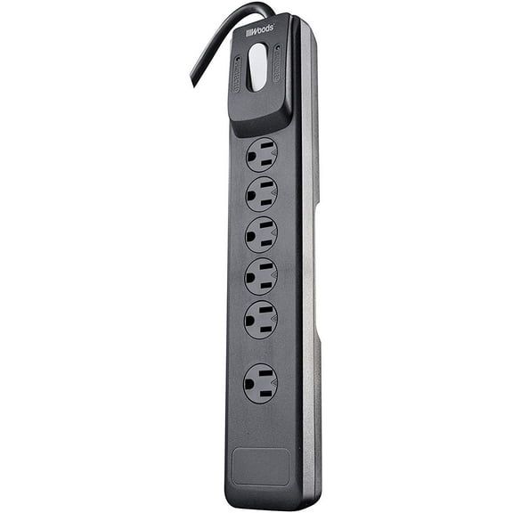 Woods Surge Protector 41494 - 6 Outlets, Circuit Breaker, 4 Ft Cord - Black