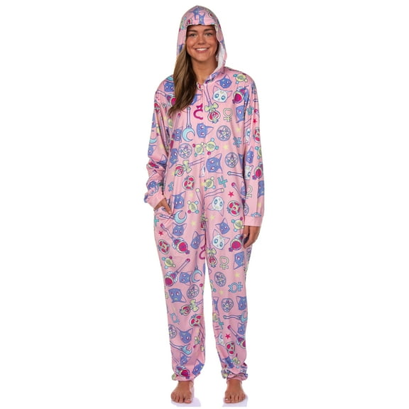 Sailor Moon Women's Manga Series Inspired Design Hooded Zip Up Footless Union Suit Pajama Sleepwear with Pockets
