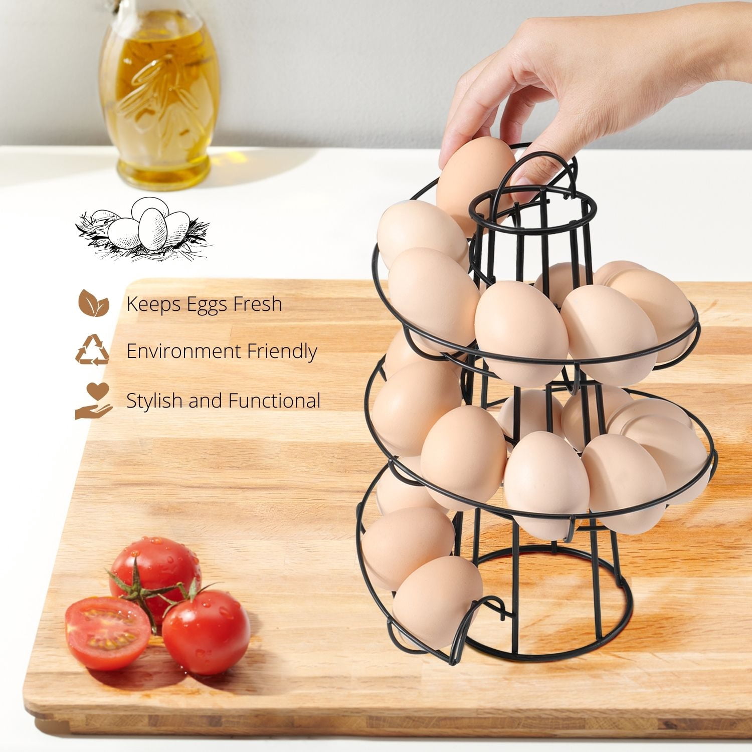 Egg Skelter Deluxe Modern Spiraling Dispenser Rack (Medium) - Chrome Plated Freestanding Wire Chicken Egg Storage Organizer Display Holder Basket for Countertop Kitchen, Black