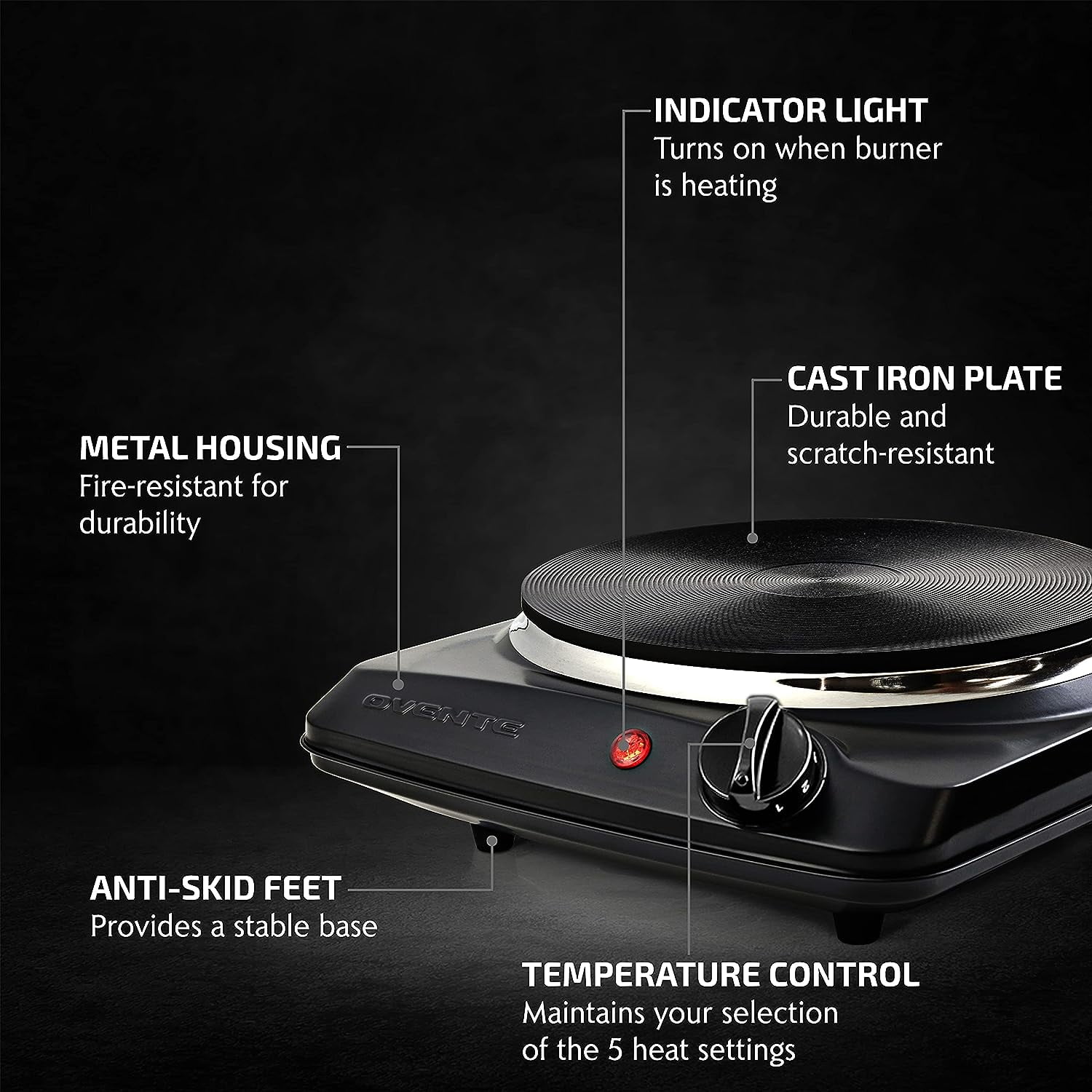 Portable 1000W Single Electric Burner Hot Plate 5 Level Adjustable Temperature 110V Camping Dorm Heating Cooking Stove Stainless Steel, Size: 8.3 x