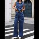 thumbnail image 4 of Mono Vaquero Sin Mangas para Mujer, Camiseta Sin Mangas con Botones, Pantalones Vaqueros Acampanados de Pierna y Pantalones Vaqueros de Campana. Azul M, 4 of 9