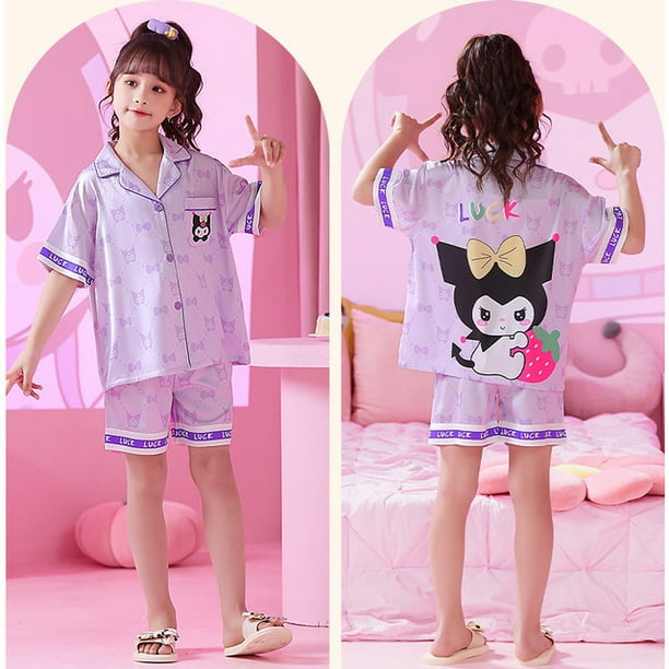 Pijamas Kawaii Sanrios de seda helada, cárdigan de manga corta de verano, bonito Anime MyMelody Kuromi Cinnamoroll, conjuntos para niños, ropa de casa para niñas