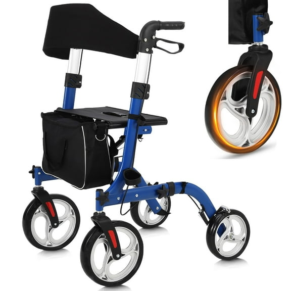 EuKer Foldable Lightweight Rolling Walkers with Brakes and Seat for Seniors Adults, Supports 330lbs, Blue/Black