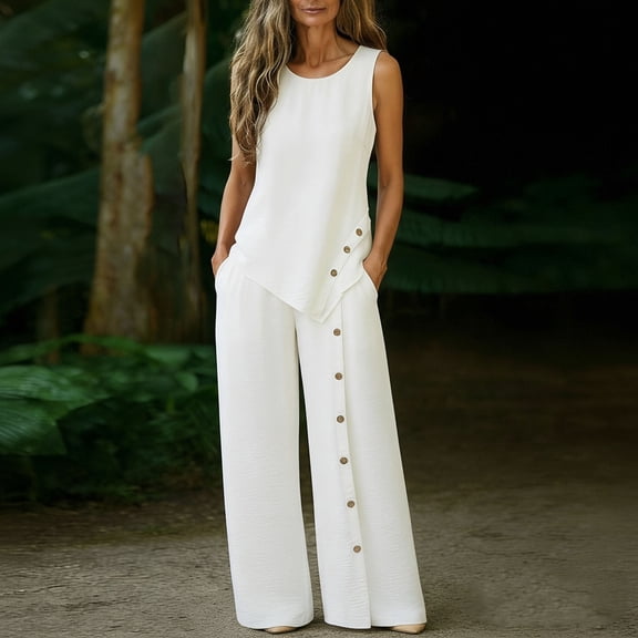 Favoffer Womens Linen Blend Outfits Sleeveless Round Neck Top Wide Leg Pants Solid Color Summer Casual 2 Piece Sets for Vacation Beach Daily Outings Daily Outdoor