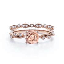 Dazzling Boho & hippie 1.75 Carat Round Cut Morganite And Diamond Moissanite Classic Inspired Engagement Ring, Unique Twist Band Wedding Ring in 10k Solid Rose Gold, Promise Ring, One Matching Band
