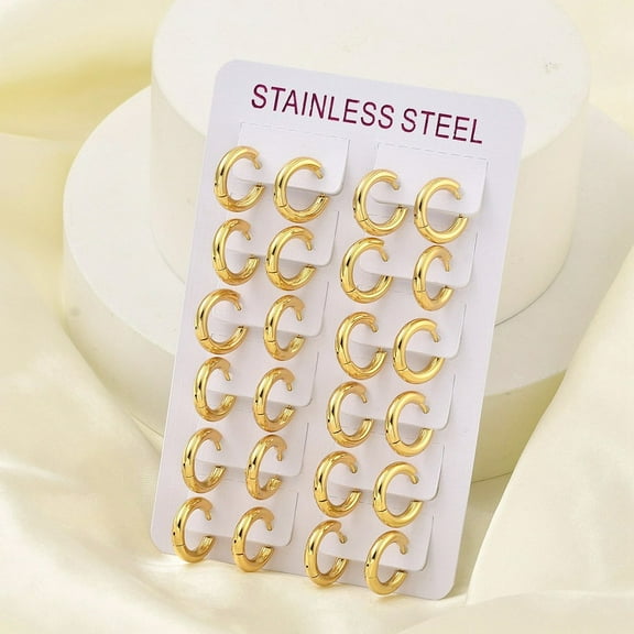 12pairs PVD Vacuum Plating 304 Stainless Steel Huggie Hoop Earrings for Women Real 18K golden Plated 15x3xmm