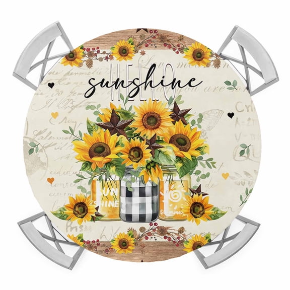 Sunflower Vintage Round Fitted Tablecloth with Elastic Edge, Waterproof Table Cloth Table Cover for 45"-54" Tables, Farmhouse Floral Botanical Brown Wooden Tablecloths for Dining Picnic Outdoor