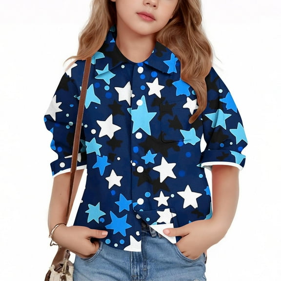 Bxsruta Blouse for Kids, Star Print Button Down Casual Shirt, Long Sleeve Collared Kids Outerwear