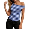thumbnail image 2 of HappyYEE One Shoulder Tank Tops for Women Plaid Casual Sleeveless Tops Summer Lightweight Soft Slim Fits Tanks,Blue,XXL, 2 of 6