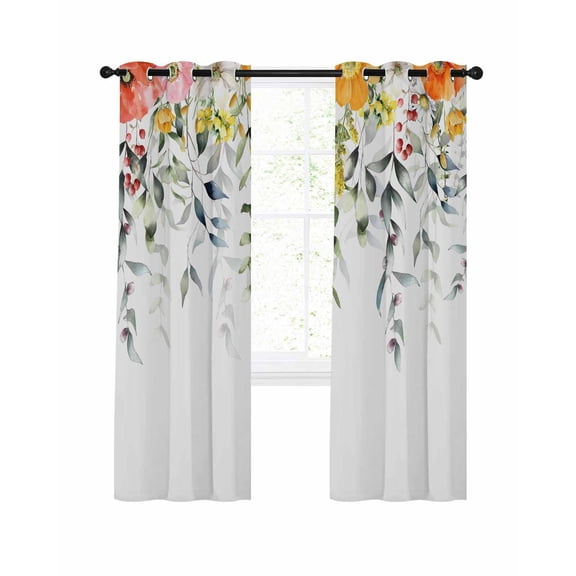 Red Orange Flower Blackout Curtains for Bedroom Living Room, Watercolor Spring Pink White Floral Green Falling Sage 63 In Long Thermal Insulated Darkening Drapes Grommet Window Treatments 52x63 In