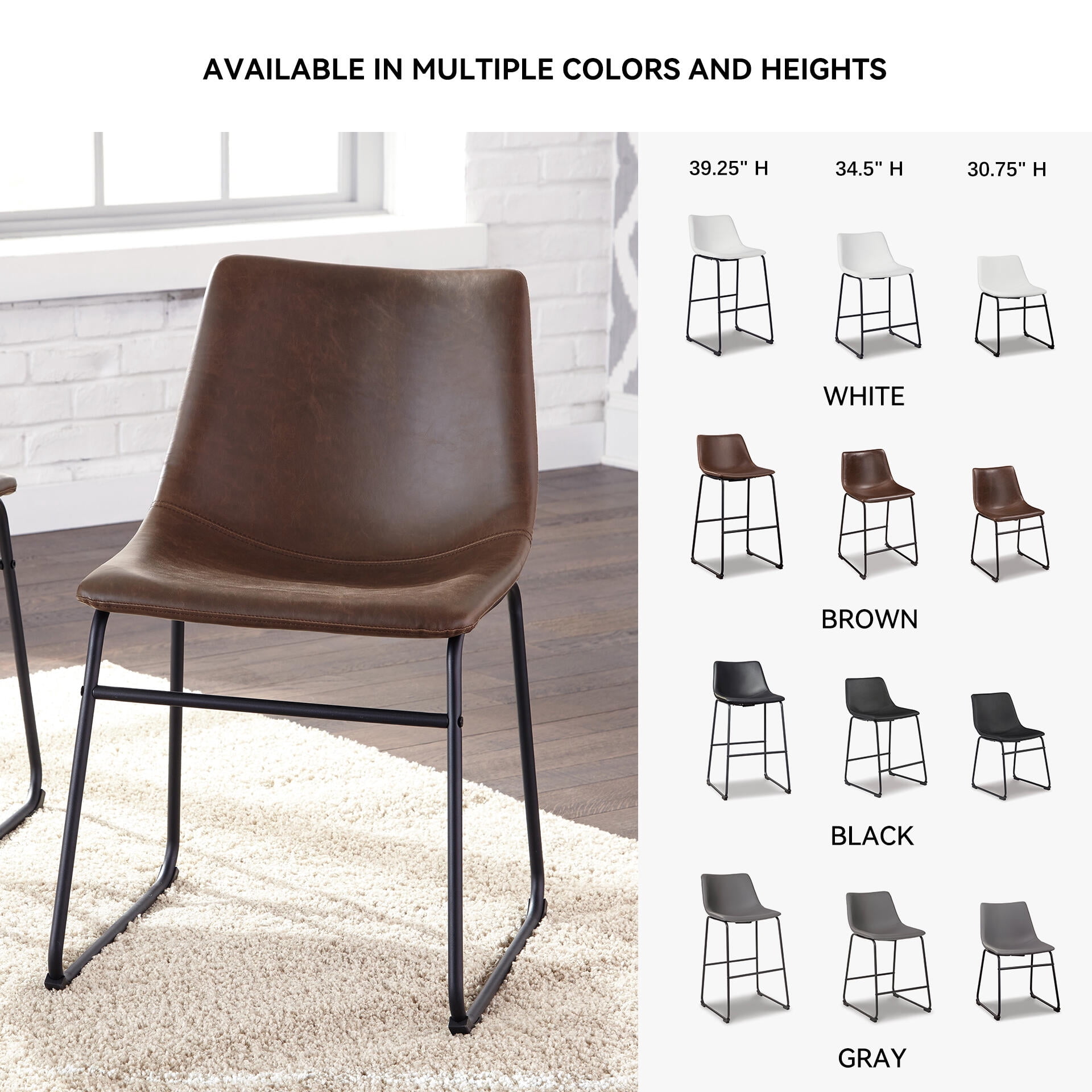 Signature Design by Ashley Centiar Mid-Century Dining Chairs Set of 2, Brown Faux Leather Bucket Seat Dining Chairs with Tubular Metal Base