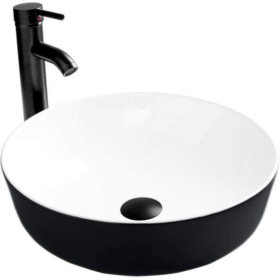 ELECWISH Black and White Ceramic Square Bathroom Sink Vessel Sink with Black Faucet and Pop up drain Combo, Round