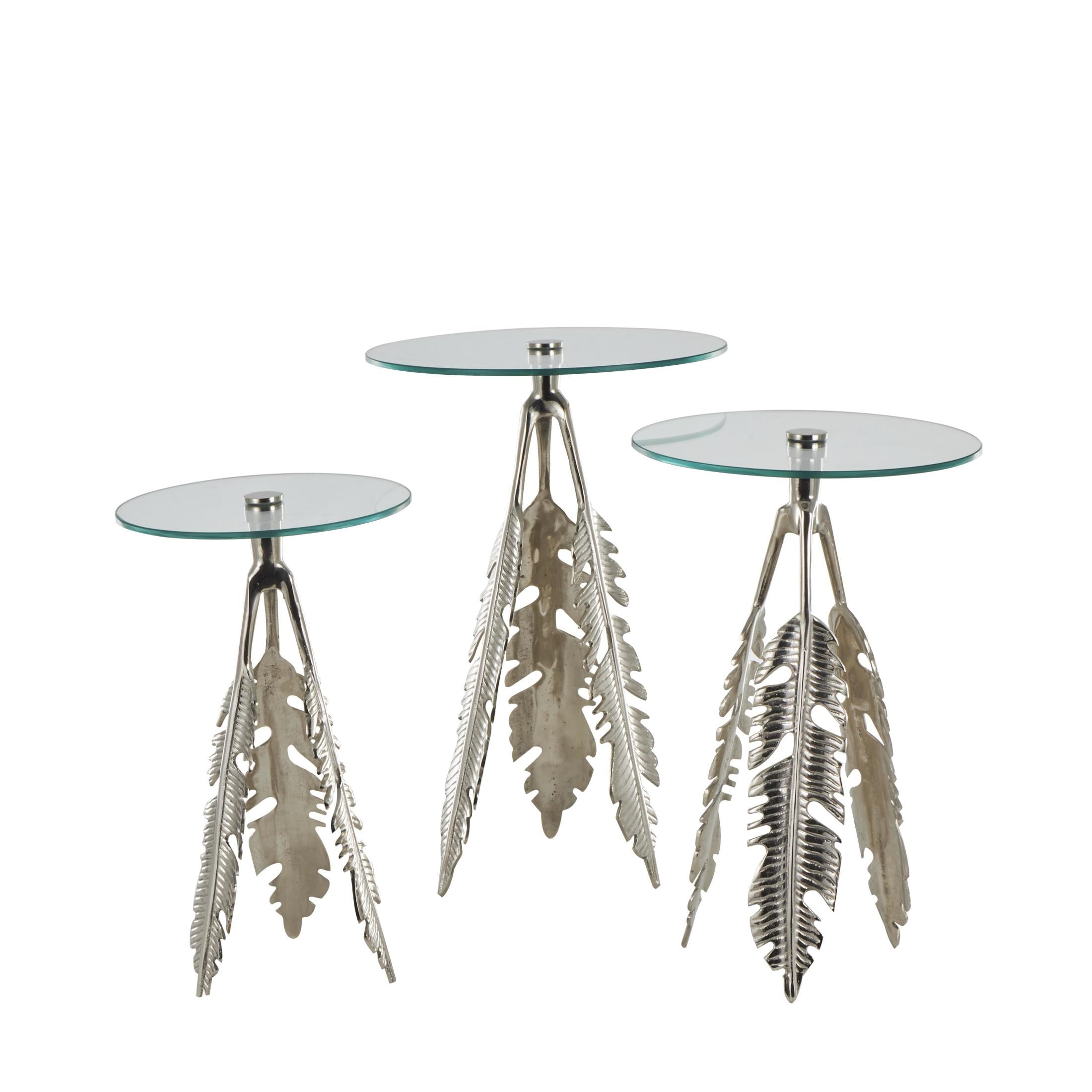 DecMode 16" x 24" Silver Aluminum Metal Leaf Accent Table with Tripod Legs and Tempered Glass Top, 3-Pieces