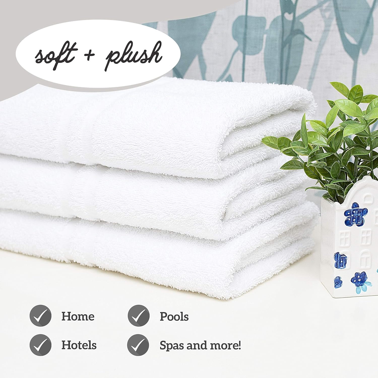 Luxury Bath Towel - White Large Bath Towels Pack for Spa, Gym, Bathroom, Hotel - 86% Cotton 14% Polyester -Super Soft, Thick and Absorbent 24 x 50 Bulk Bath Towel - (8-Pack)