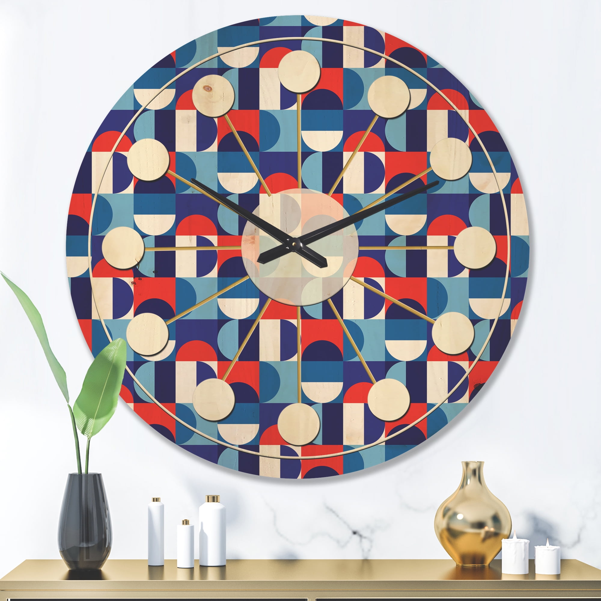 Designart 'Red, Blue & White Polka Dots' Mid-Century Modern Wood Wall Clock