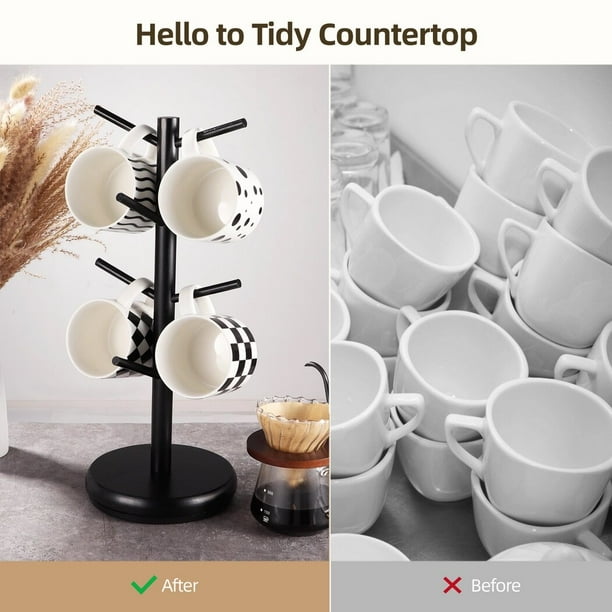 Mug Holder Tree 8 Hooks Coffee Cup Holder with 360 Rotating Base Wooden Mug Tree Coffee Cup Rack Mug Stand Coffee Mug Organizer Station for